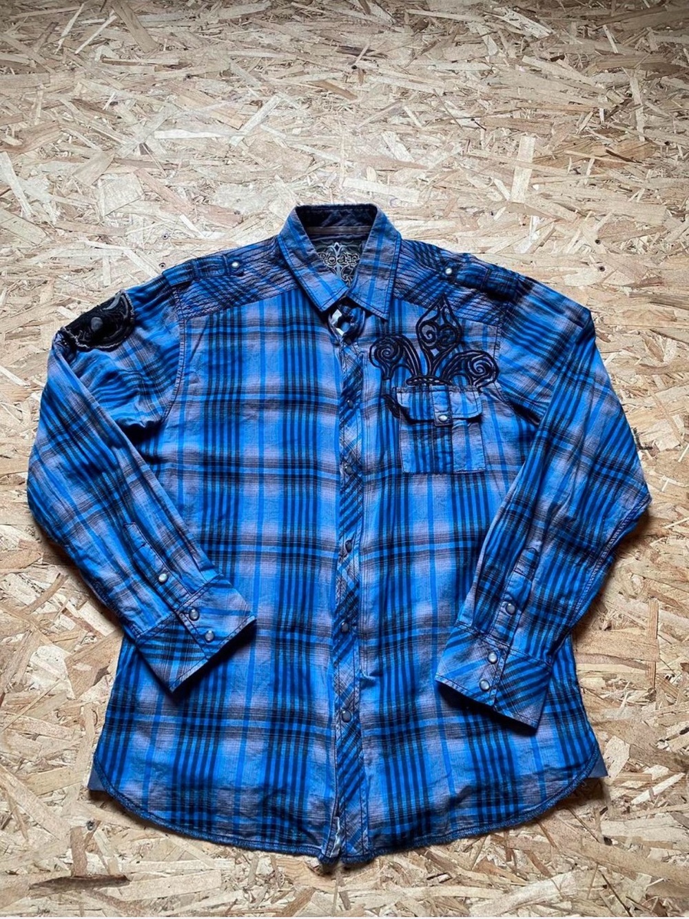 Roar Blue Plaid Button-Down Shirt with Black Embroidery
